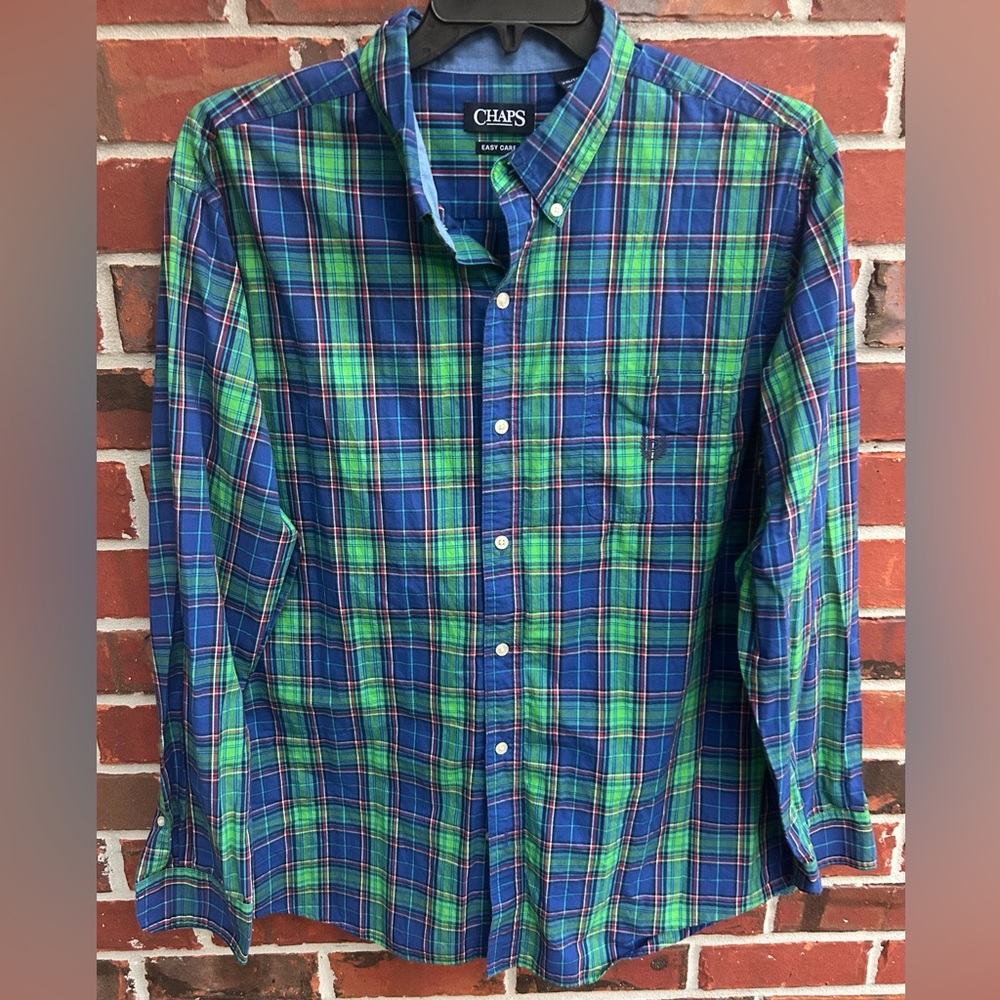 Chaps Easy Care Men’s Long Sleeve Button Down Blue/Green Plaid Shirt XXL